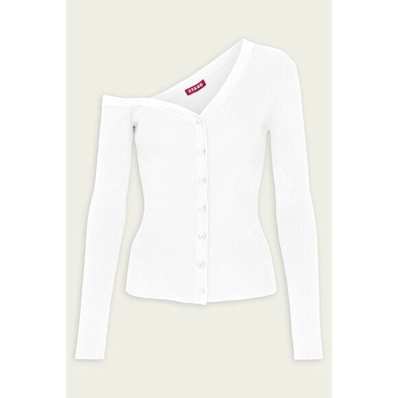 Staud Women's White Ribbed Asymmetric One Shoulder Craftsman Cardigan Large NWOT - Picture 1 of 7